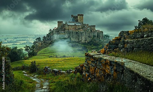 Medieval castle atop a hill, surrounded by countryside.