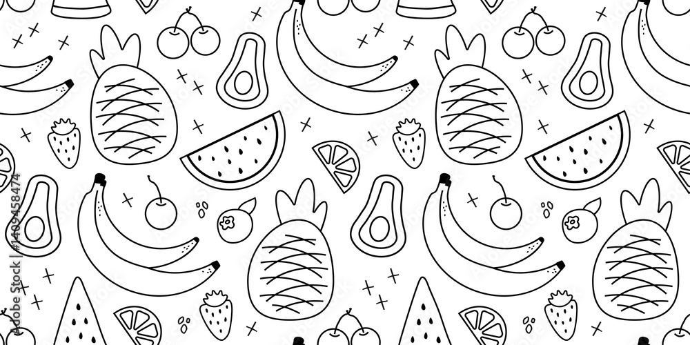 Seamless pattern of summer fruits: banana, watermelon, avocado, lemon. Delicious berry, natural food. Flat, linear design in a minimalist style. art cute cartoon background for print, paper. Seamless pattern of summer fruits: banana, watermelon, avocado, lemon. Delicious berry, natural food. Flat, linear design in a minimalist style. art cute cartoon background for print, paper.
