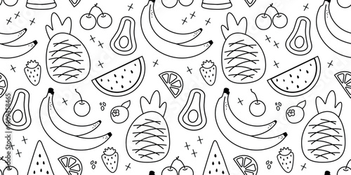 Seamless pattern with summer fruits. banana, lemon, watermelon, avoado, flat children's background with dessert, food. graphics for print, holidays, wallpaper, banners, surface texture, fabric. vector