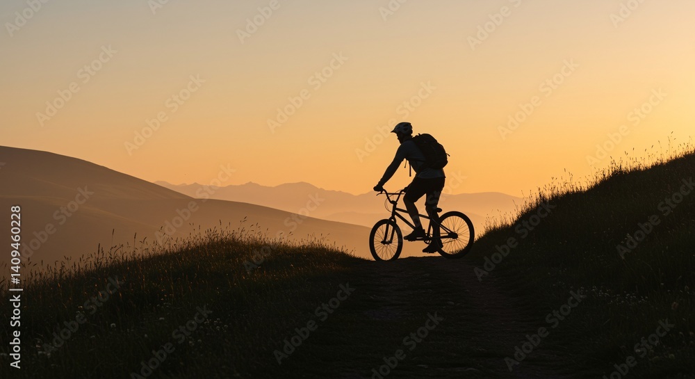Silhouette of mountain biker enjoying golden hour sunrise ride Silhouette of mountain biker enjoying golden hour sunrise ride