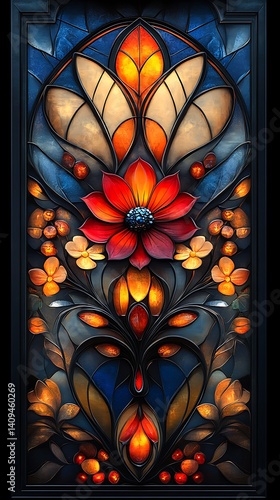 Stained Glass Phone Wallpaper  Vibrant Red Flowers with Intricate Floral Patterns on Deep Blue Background | Artistic Mobile Background in 4K HD

