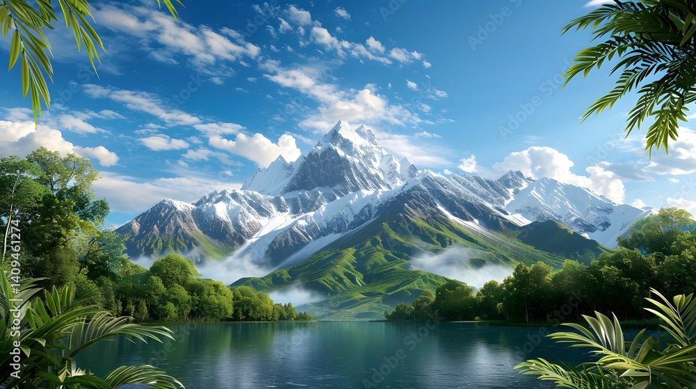 Majestic mountain landscape with a serene lake and lush forest