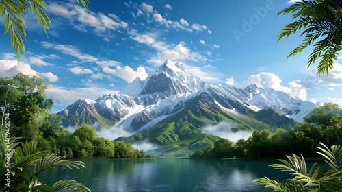Majestic mountain landscape with a serene lake and lush forest