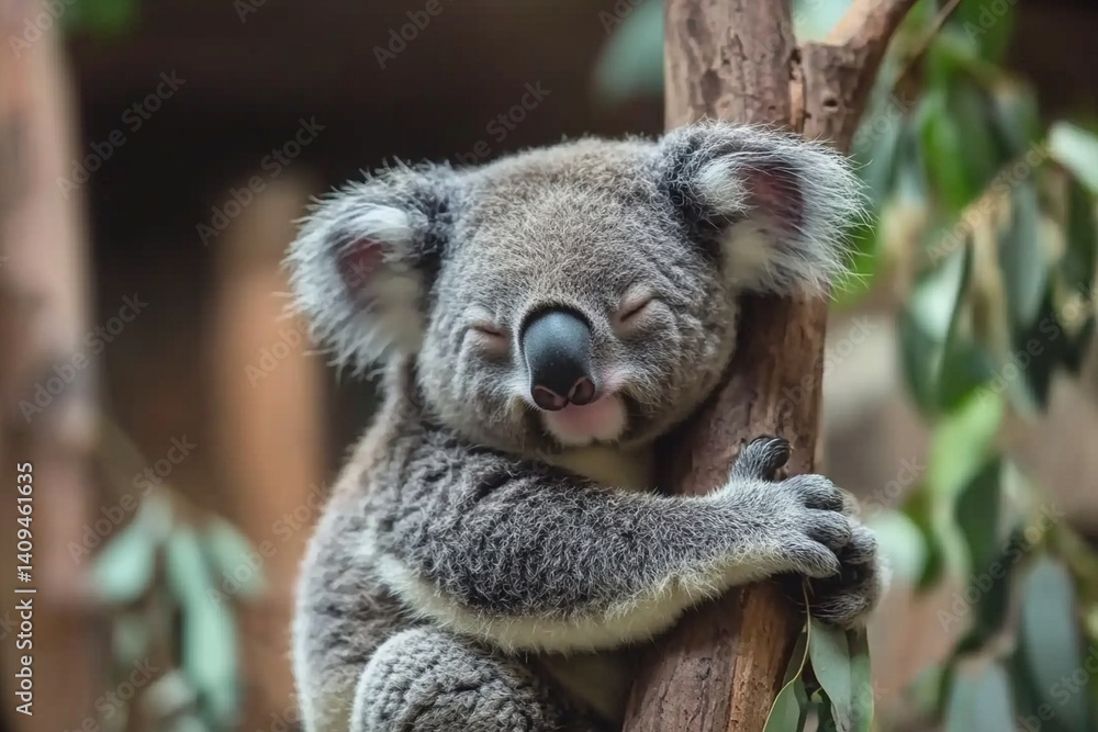 Naklejka premium Koala peacefully napping high in a eucalyptus tree during a sunny afternoon in the forest