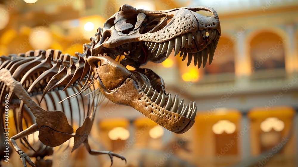 Dinosaur skeleton fossil exhibit in a museum
