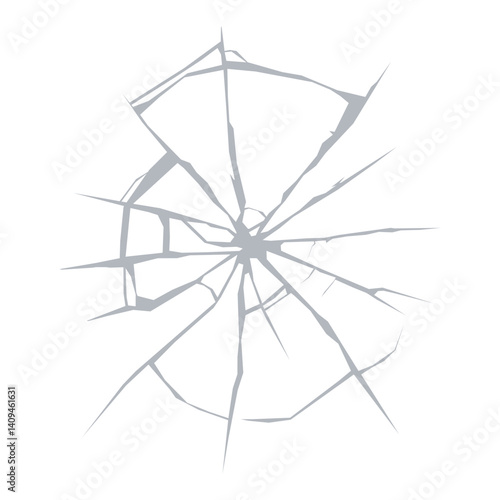 Broken glass cracks, window shatter realistic effect. Broken glass or shattered glass with cracks and hole of bullet or stone hit