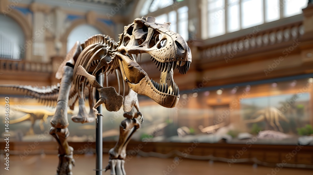 Dinosaur skeleton fossil on display in a museum