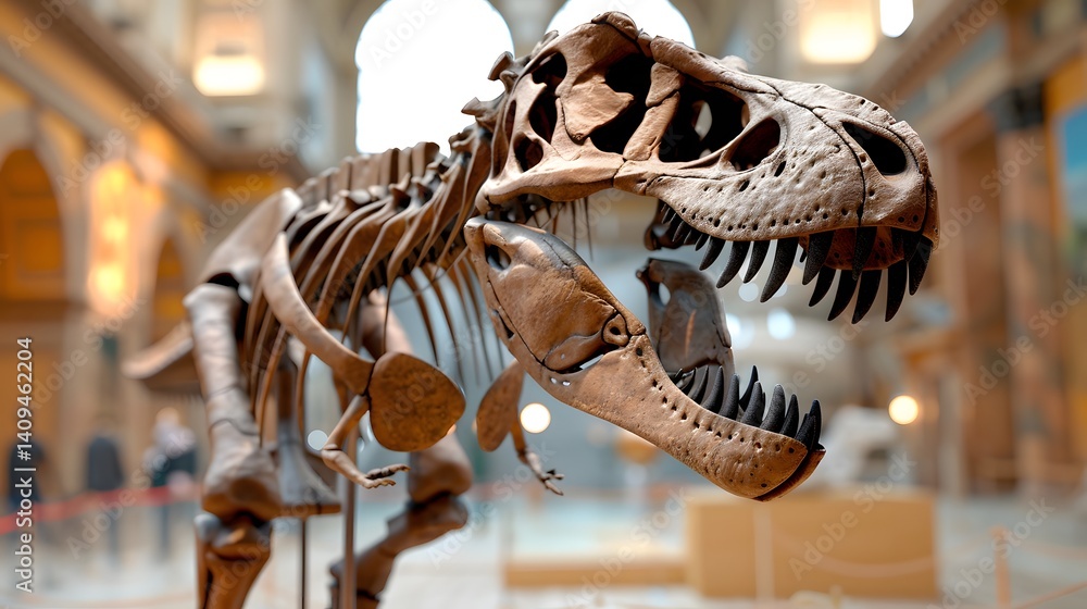 Dinosaur fossil skeleton on display in a museum