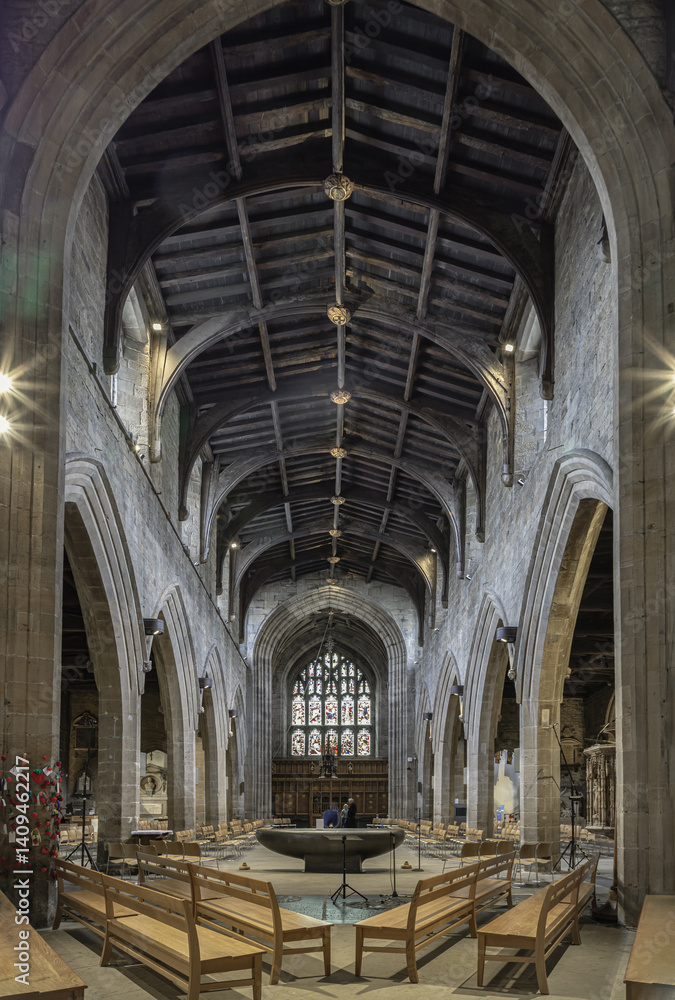 Architecture interior view of Newcastle Cathedral (Cathedral Church of St Nicholas). use it as your Wallpaper, Poster and Space for text, Selective focus.