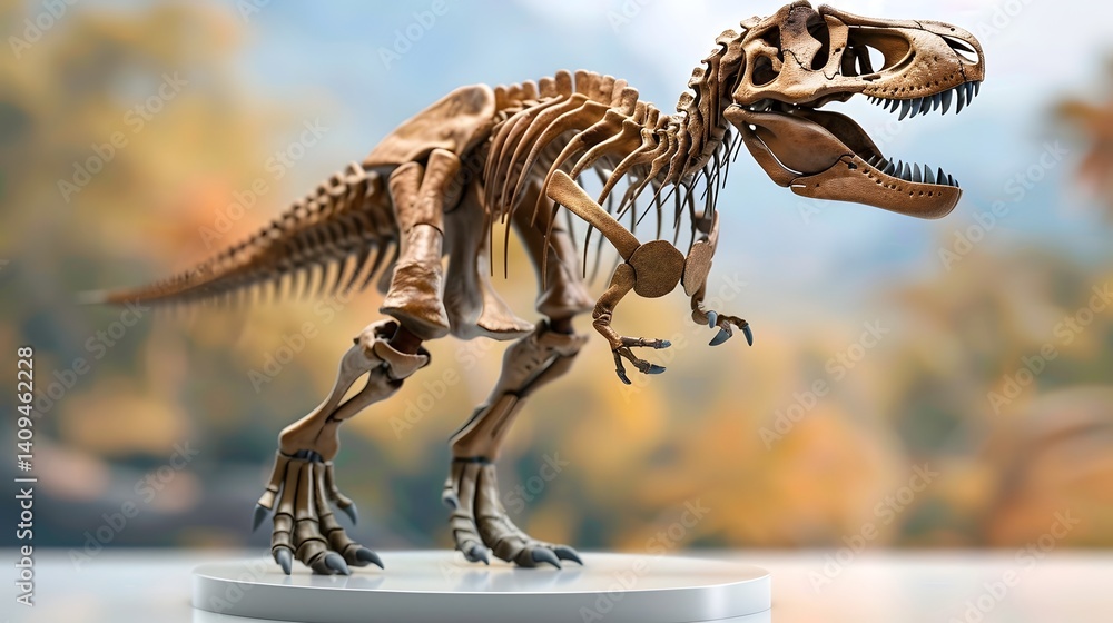 A dinosaur skeleton on display in an outdoor setting long title A fossilized tyrannosaurus rex