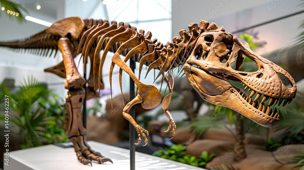 Dinosaur fossil skeleton on display in a museum exhibition