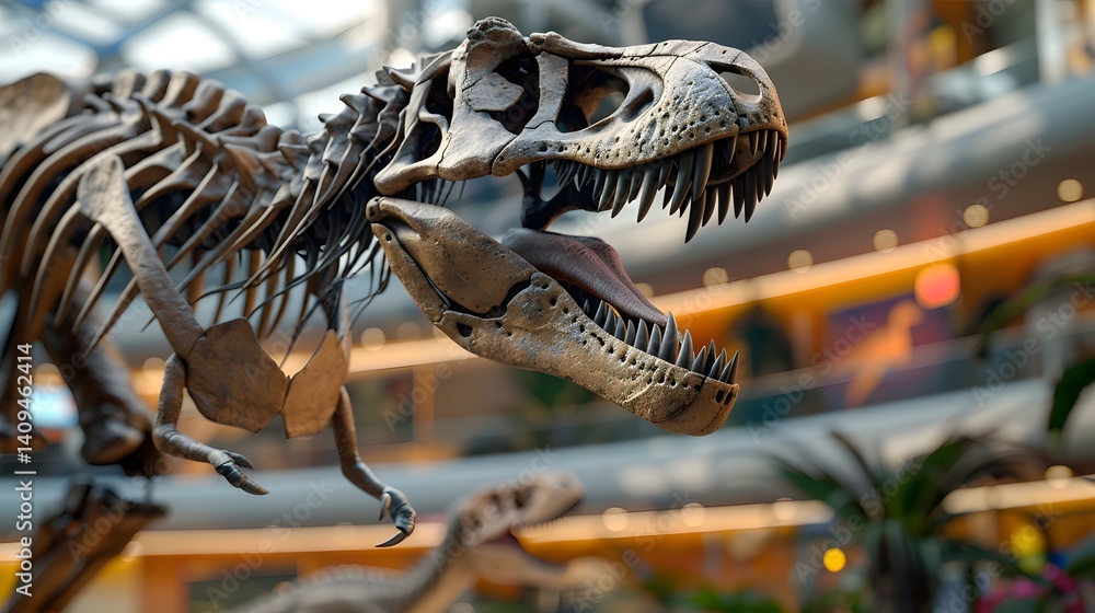 Dinosaur skeleton fossil on display in a museum exhibition