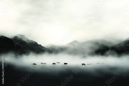 Sheep grazing peacefully in a fog-covered mountainous landscape at dawn