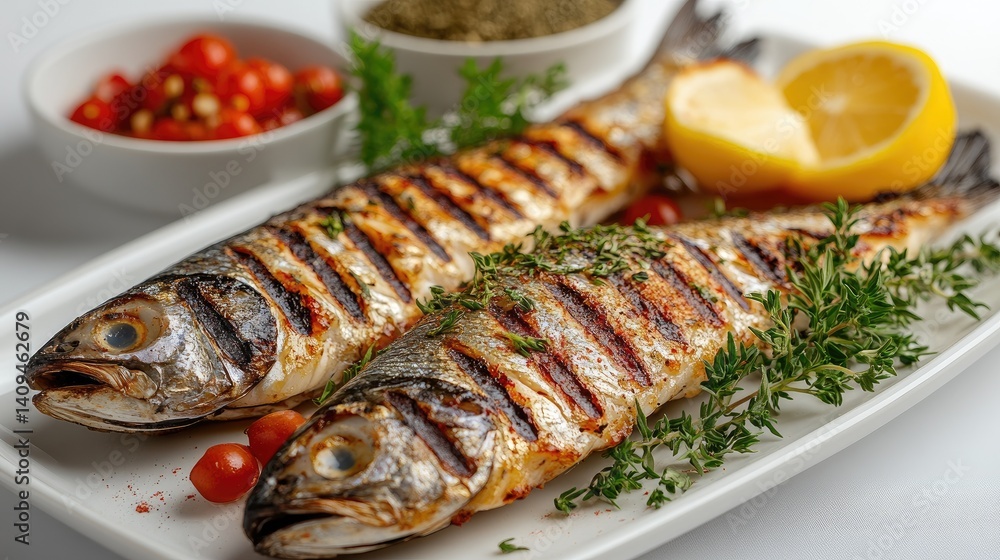Grilled fish, herbs, lemon, cherry tomatoes, white background Grilled fish, herbs, lemon, cherry tomatoes, white background