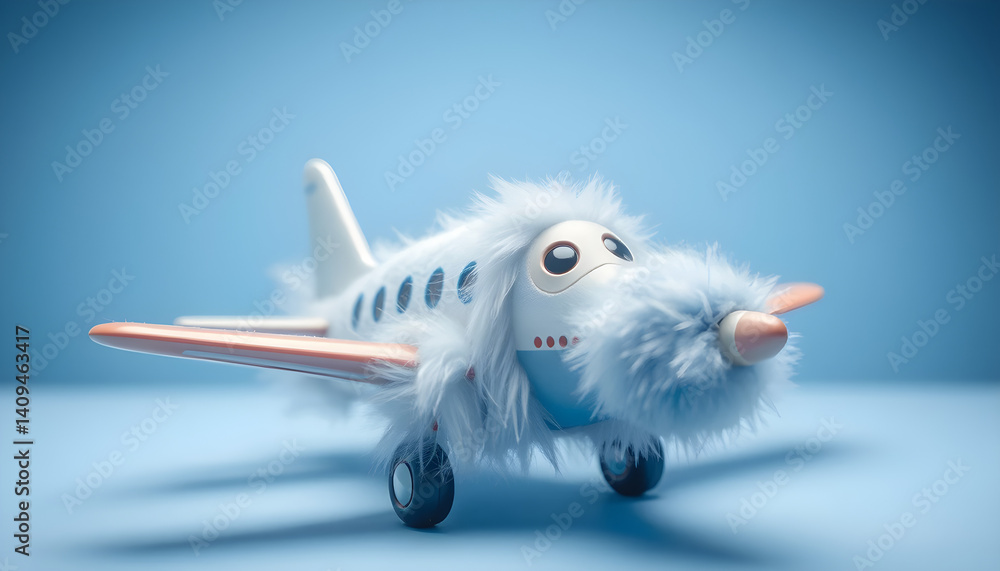 Playful Airplane: Whimsical airplane character, complete with googly eyes, soft fur, and cheerful demeanor, inviting a sense of wonder and playfulness
