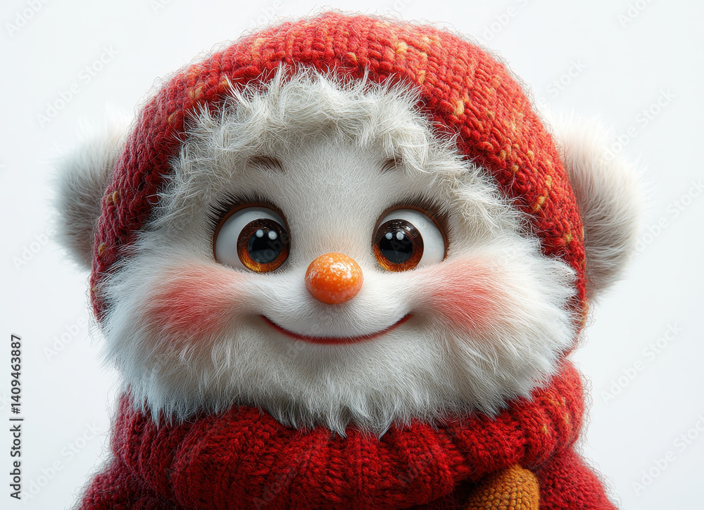 Charming Fantasy Character with Fluffy White Fur in Red Knit Hat Isolated on White Background Charming Fantasy Character with Fluffy White Fur in Red Knit Hat Isolated on White Background