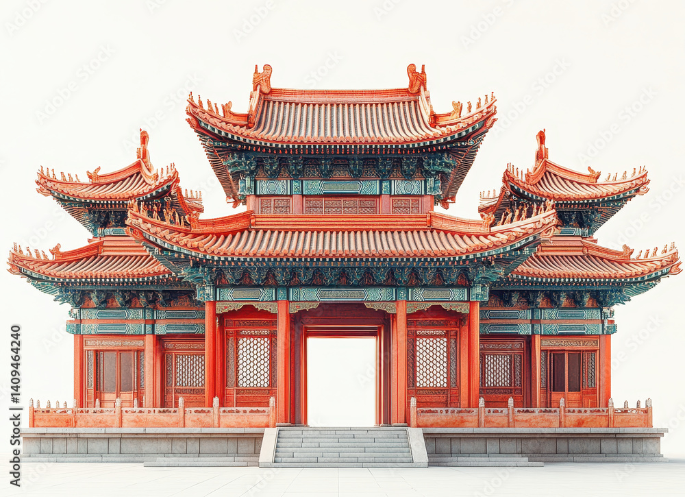 Obraz premium Traditional Asian Architecture with Ornate Pagoda Style Structure on White Background, Exquisite Details and Vibrant Colors