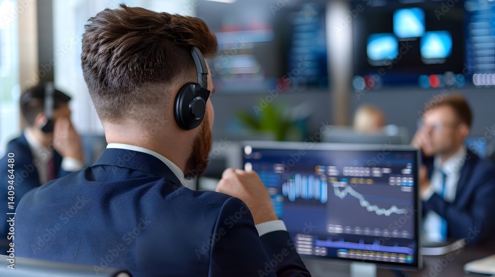 Financial analysts reviewing data and charts in an office setting