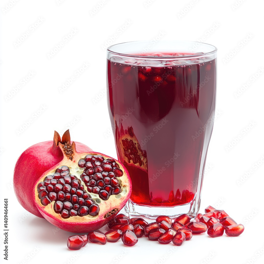 A glass of pomegranate juice with pomegranate seeds A glass of pomegranate juice with pomegranate seeds