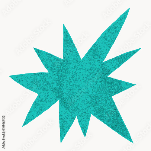 Geometric abstract green star, cutout made from crumpled paper with jagged torn edges on white background. Bright halftone sticker with gritty collage texture.