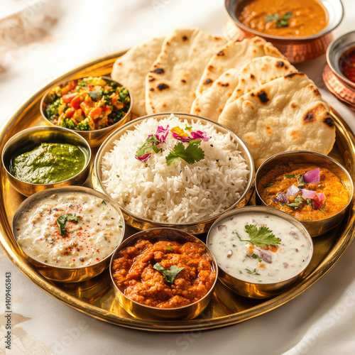 A golden plate with an Indian thali, including rice and several small bowls