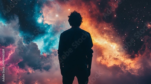 Silhouette Of A Person Standing In Front Of The Colorful Galaxy Sky Night Scene