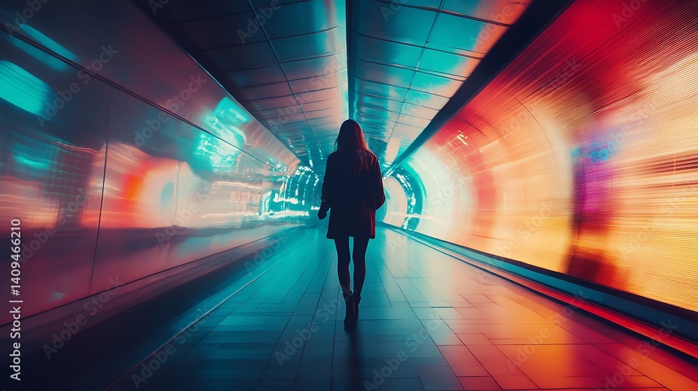 Silhouette Of A Person Walking Through A Colorful Illuminated Tunnel At Night