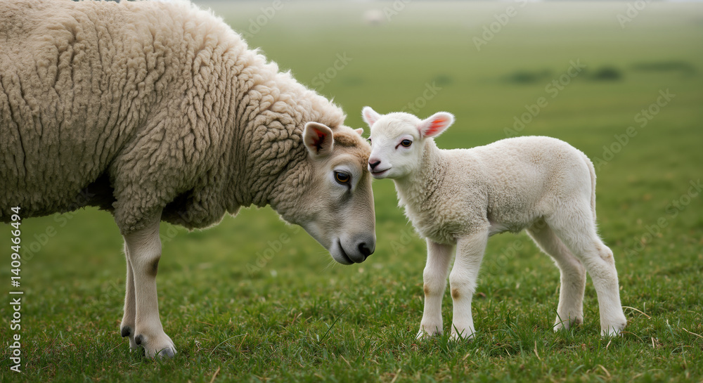 Mother sheep with young lamb in green pasture. Family bonding in livestock farming and animal husbandry education Mother sheep with young lamb in green pasture. Family bonding in livestock farming and animal husbandry education