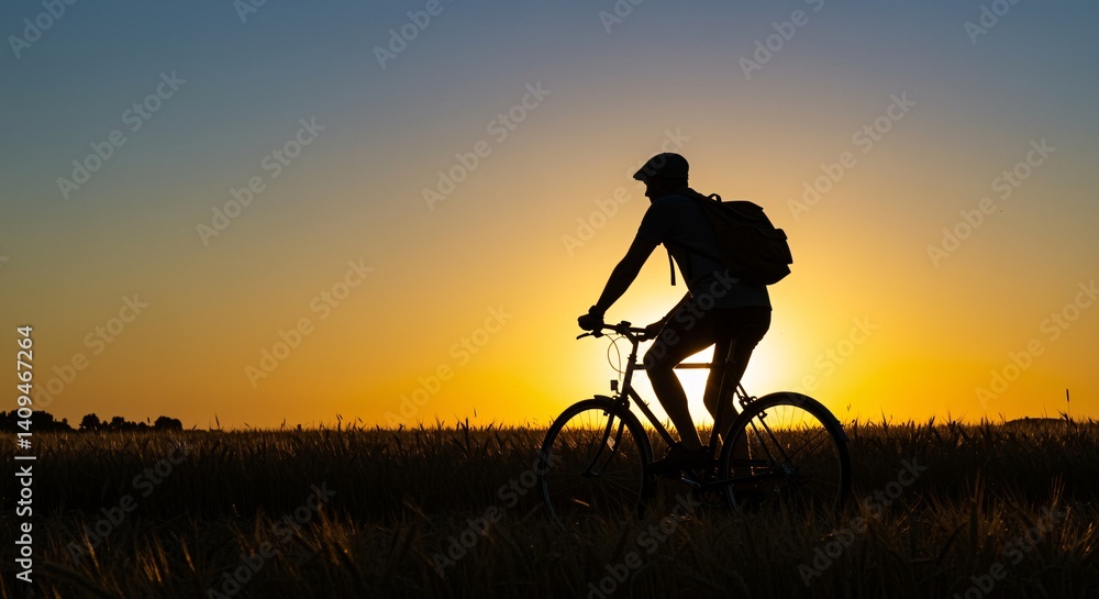 Silhouette of cyclist enjoying sunset ride through a field. Silhouette of cyclist enjoying sunset ride through a field.