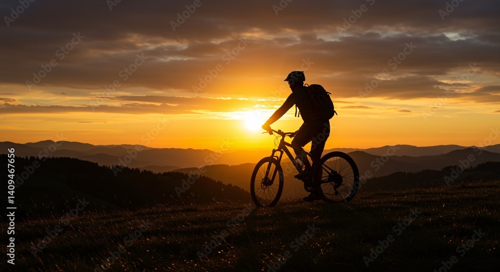 Obraz premium Silhouette of mountain biker at sunrise over hills