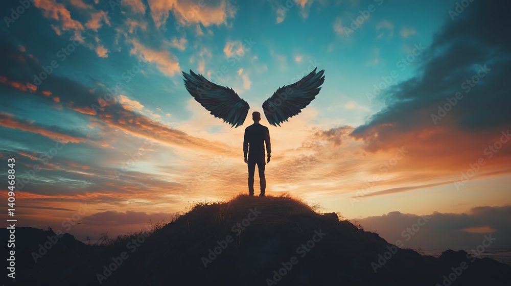 Silhouette Of Figure With Wing Silhouette Against Sunset Sky Over Mountain
