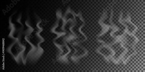 Abstract white smoke, steam, isolated on a transparent background, realistic vector illustration 4. Set of isolated objects 40.
