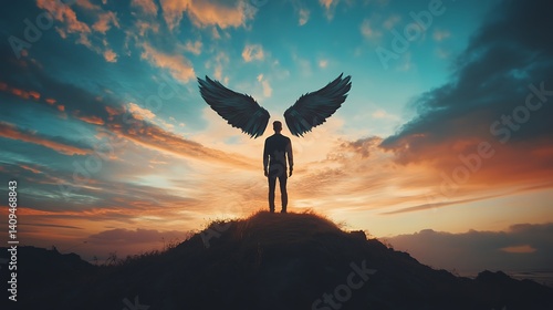 Obraz na płótnie Silhouette Of Figure With Wing Silhouette Against Sunset Sky Over Mountain w salonie