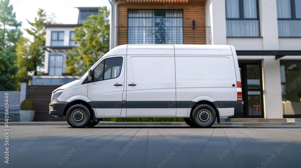 Fototapeta premium Delivery logistic van parked in front of residential house for package delivery. minimalist.