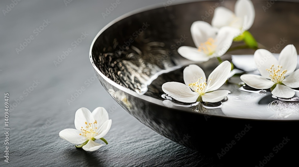 Close-up of silver bowl with artisan engravings, white flowers floating gently on the surface Close-up of silver bowl with artisan engravings, white flowers floating gently on the surface