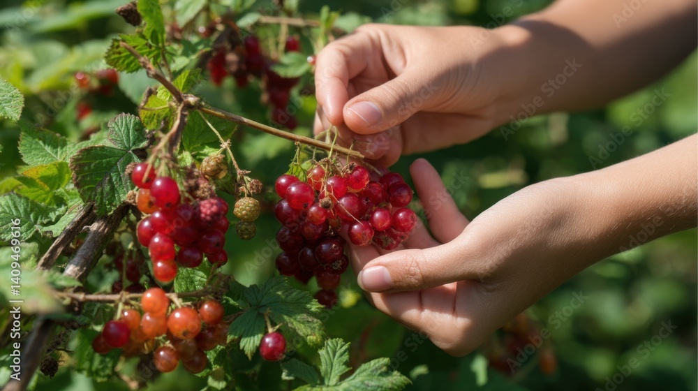A person picking ripe red currants from a branch with green leaves in a garden during the daytime A person picking ripe red currants from a branch with green leaves in a garden during the daytime