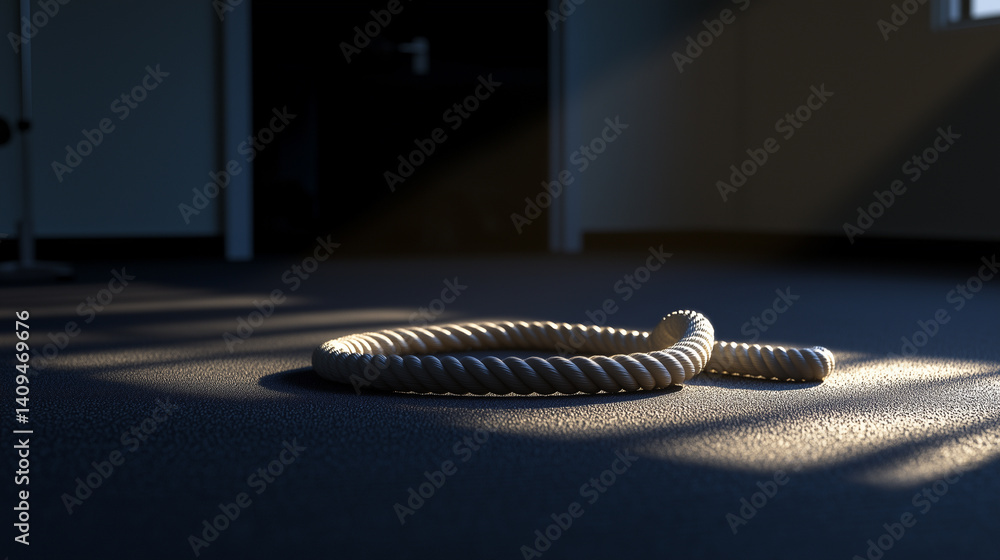 Coiled fitness rope on gym floor, dynamic shadows and side lighting - Strength and discipline in minimalist motion Coiled fitness rope on gym floor, dynamic shadows and side lighting - Strength and discipline in minimalist motion