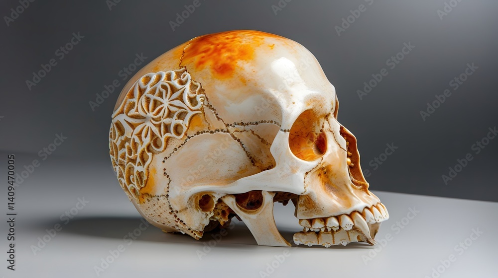 Detailed human skull with intricate patterns