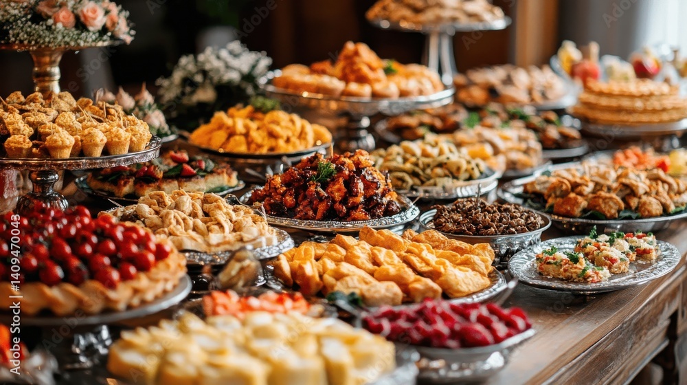 A vibrant display of assorted delicacies at a festive gathering in a cozy banquet hall A vibrant display of assorted delicacies at a festive gathering in a cozy banquet hall