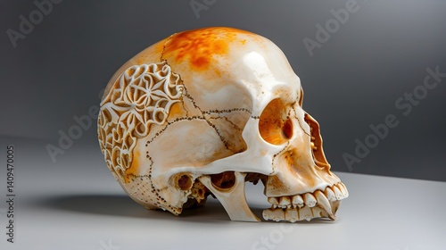 Obraz na płótnie Detailed human skull with intricate patterns w salonie
