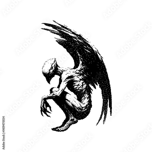 Dark surreal depiction of a winged creature with an eerie posture