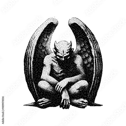 Dark, contemplative statue of a winged figure in an artistic style