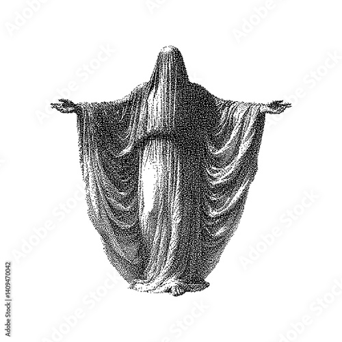 Abstract figure in flowing fabric, evoking a mystical and ethereal atmosphere.