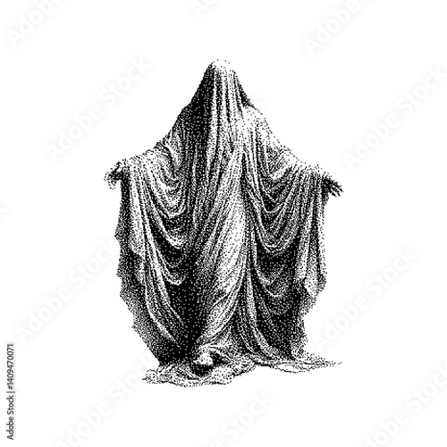 A monochromatic graphic of a cloaked figure draped in flowing fabric