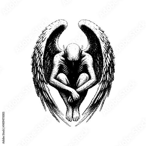 Monochrome illustration of a winged figure in a contemplative pose, showcasing darkness and depth.