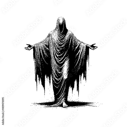 Monochromatic figure cloaked in flowing fabric, evoking a mysterious, spectral vibe