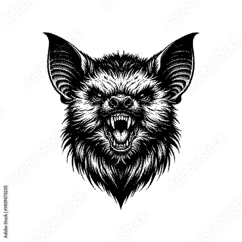 Illustration of a snarling bat head in a detailed, monochromatic style