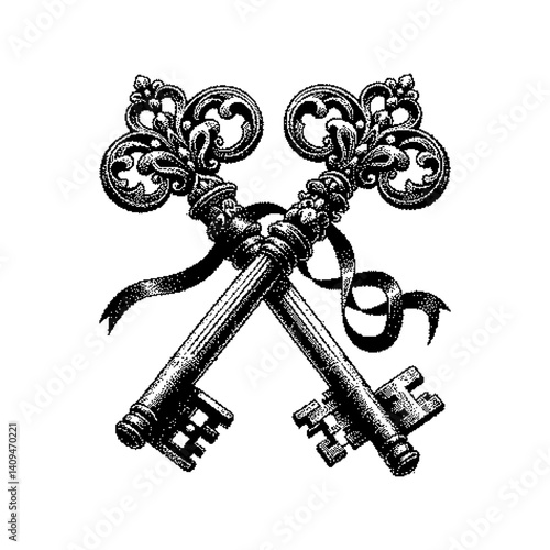 Two ornate, vintage keys crossed with a decorative bow
