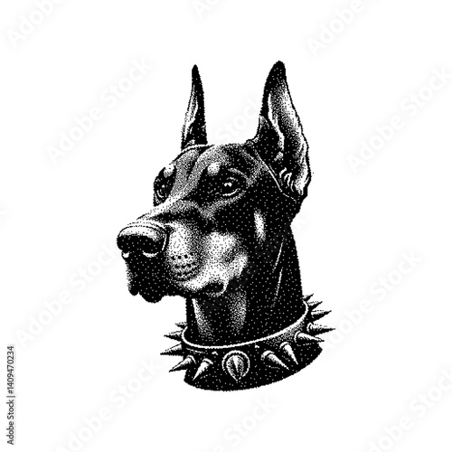 Detailed illustration of a Doberman's head with a spiked collar in a vintage style