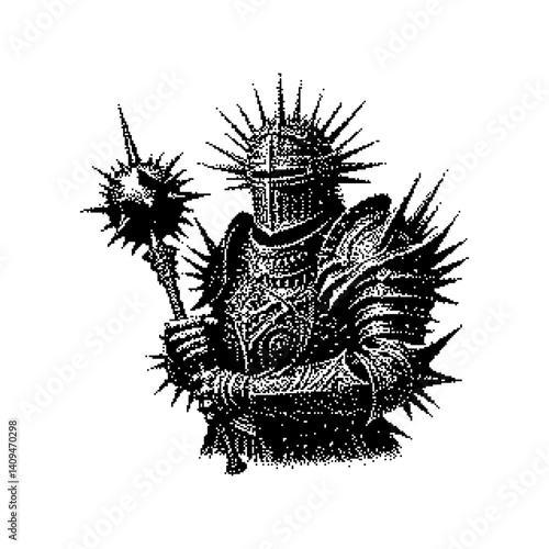 Illustration of a knight in armor with an ornate helmet and sunburst details